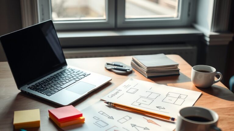 Croquis d'application dessinés à la main sur un bureau, à côté d'un ordinateur portable fermé