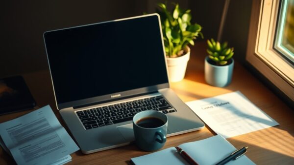 Bureau avec ordinateur portable fermé, carnet et café, illustrant l'usage gratuit de Claude