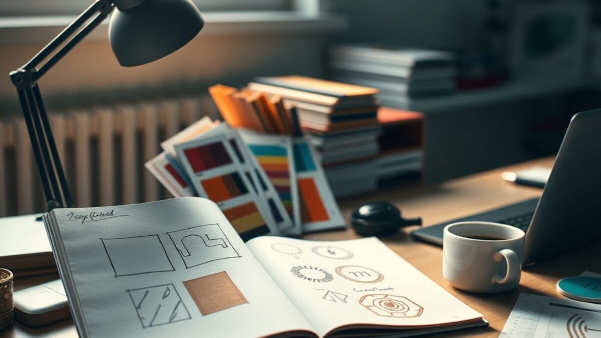 Carnet de croquis d'emblèmes, nuancier et crayon sur le bureau d'un graphiste