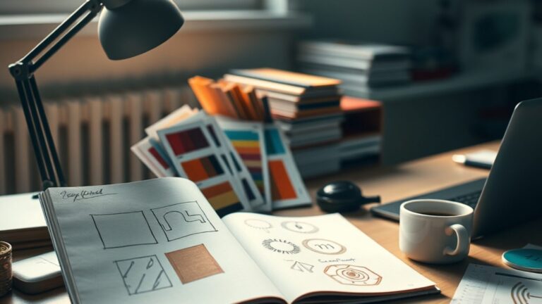 Carnet de croquis d'emblèmes, nuancier et crayon sur le bureau d'un graphiste
