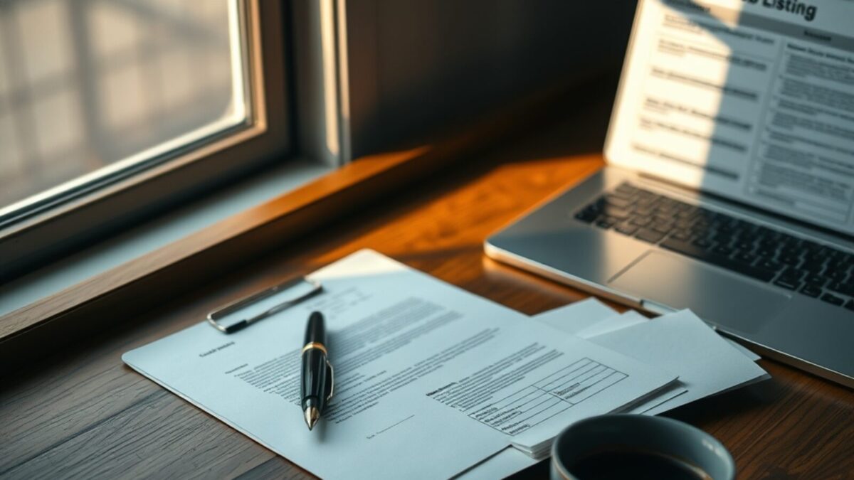 Lettre de motivation imprimée sur un bureau avec stylo, ordinateur fermé et annonce surlignée