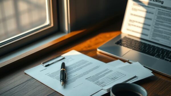 Lettre de motivation imprimée sur un bureau avec stylo, ordinateur fermé et annonce surlignée