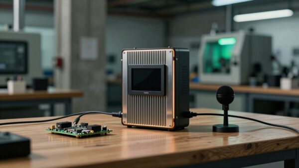 Boîtier edge en métal brossé avec caméra et micro sur un établi en bois dans un atelier industriel