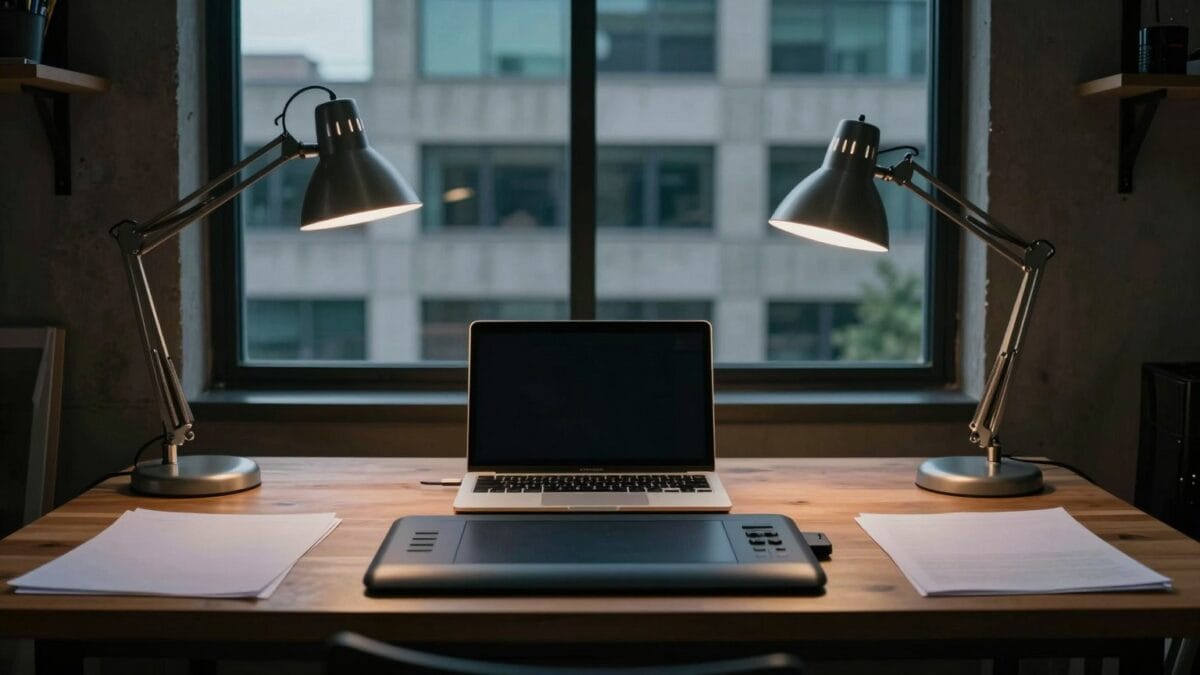 Bureau de création au crépuscule, ordinateur fermé vu de dos et feuilles vierges devant une baie vitrée.