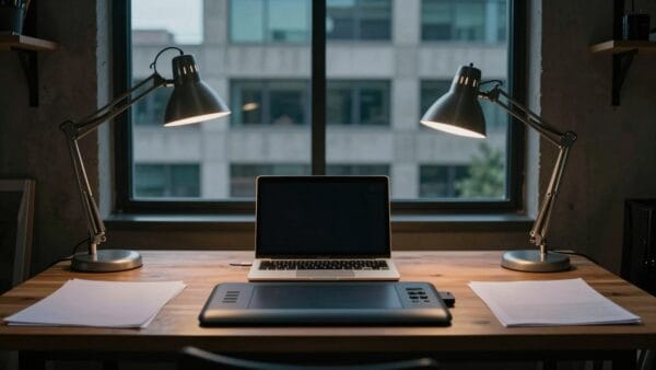 Bureau de création au crépuscule, ordinateur fermé vu de dos et feuilles vierges devant une baie vitrée.