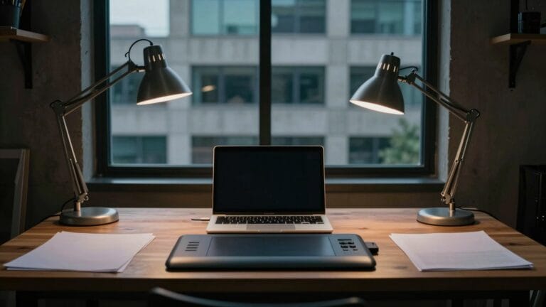 Bureau de création au crépuscule, ordinateur fermé vu de dos et feuilles vierges devant une baie vitrée.